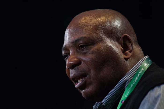 Former Browns tight end Ozzie Newsome speaks to the media during the 2016 NFL Scouting Combine, while serving as general manager of the Ravens. As the 23rd pick in the 1978 NFL Draft, Newsome became a Hall of Famer.